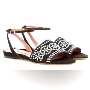 Tabitha Simmons Suede Beaded Ankle Strap Sandals Size EU 37 Black White